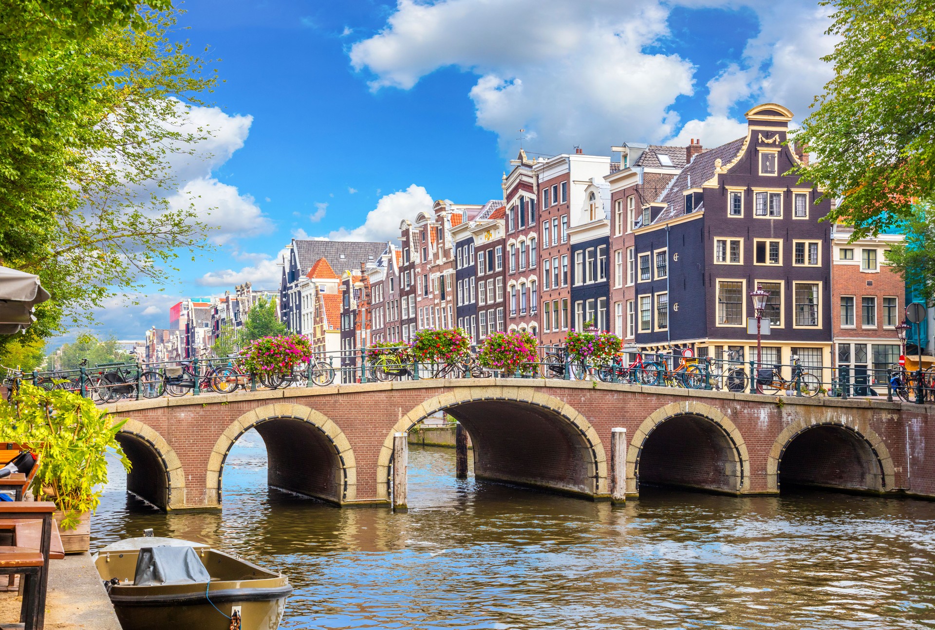 Amsterdam downtown - Amstel river, old houses and a bridge. Nice view of the famous city of Amsterdam. Travel to Europe.